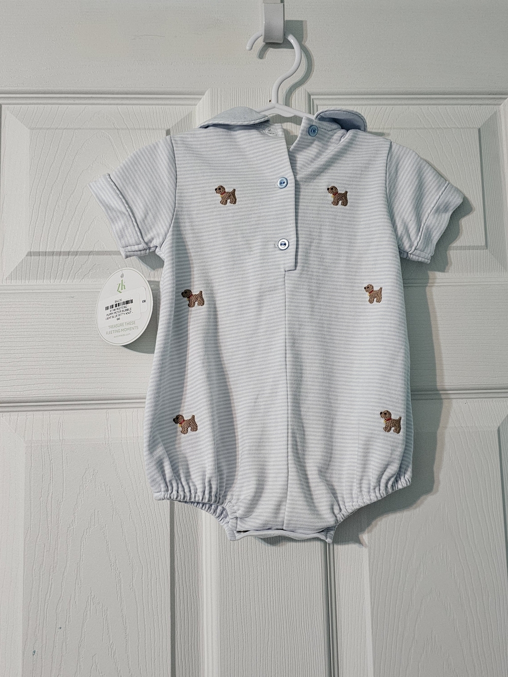 Blue Striped Puppy Embroidered Baby One-Piece Romper - Picture 5 of 5